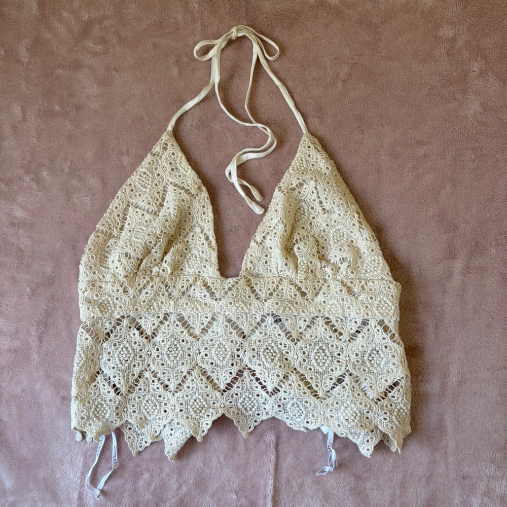 Cream Crochet Lace Halter Top Boho Festival Scalloped Hem Small